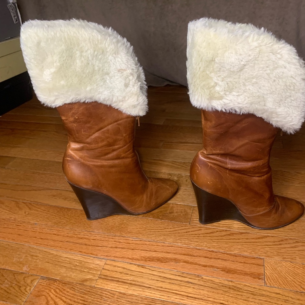 Jessica Simpson Brown Faia Leather faux Fur Wedge boots Size 8 M